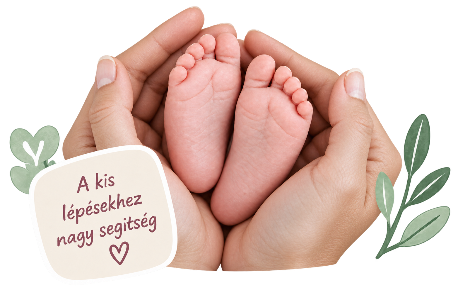 Kisbaba lábai szerető szülői kezekben, rajzolt növényi díszítéssel
