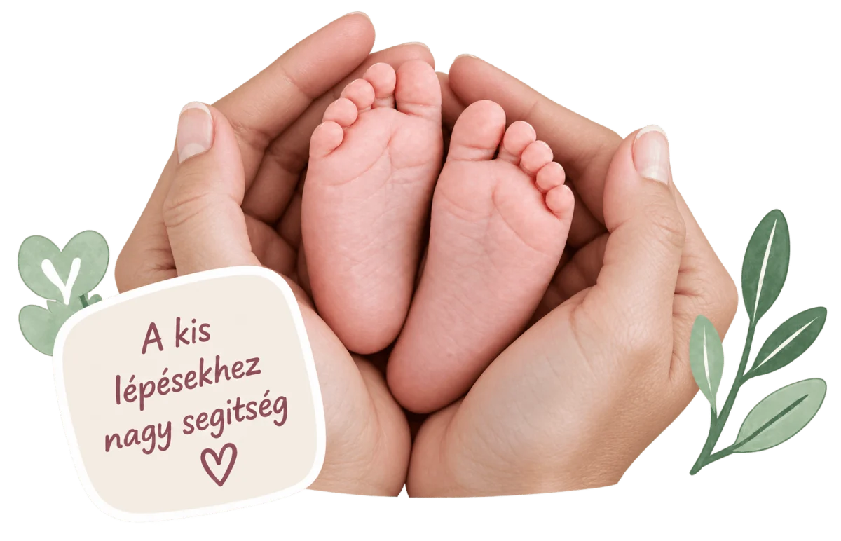Kisbaba lábai szerető szülői kezekben, rajzolt növényi díszítéssel